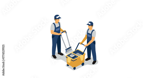 Professional cleaning crew with equipment in isometric style for commercial spaces