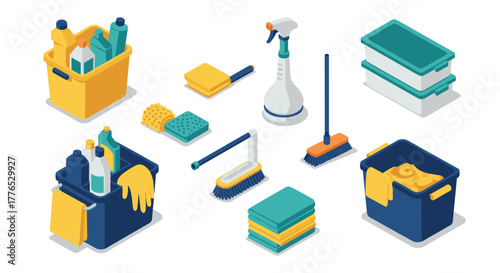 Isometric cleaning supplies set with brooms, sponges, and bins for home maintenance