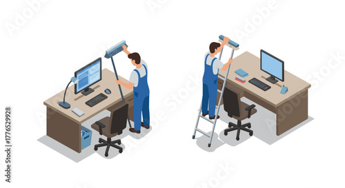Isometric office maintenance worker cleaning computer desk and ceiling light