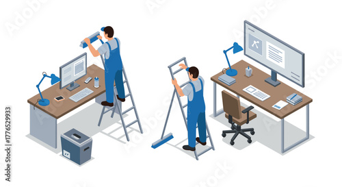 Isometric office maintenance scene with workers climbing ladders to replace light fixtures