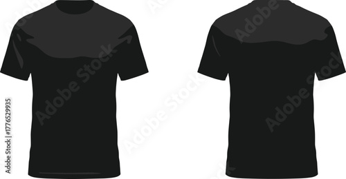 Black T-shirt front and back view, blank apparel mockup, fashion template, clothing design, casual wear, isolated on white background