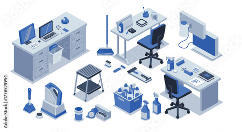 Isometric office and cleaning supplies in modern blue tone