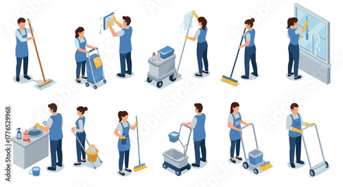 Isometric cleaning crew performing various tasks with tools and equipment in uniforms