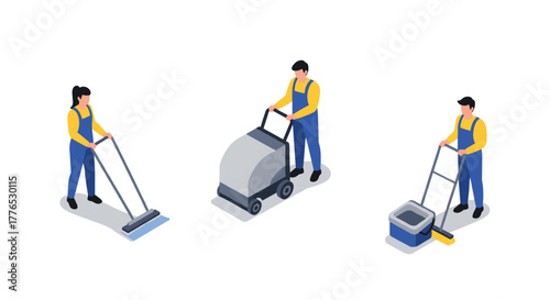 Isometric people operating industrial cleaning equipment and machines in uniforms
