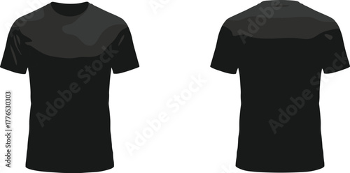 Black T-shirt front and back view, plain apparel mockup, casual fashion, blank shirt template, clothing design, retail, textile, garment