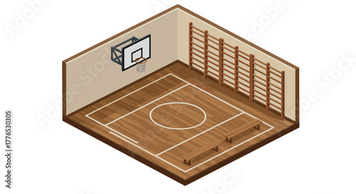 Isometric indoor basketball court with wooden flooring and wallmounted hoops