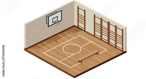 Isometric indoor basketball court with wall bars and bench in minimalist gym