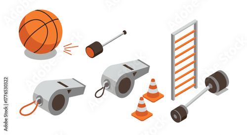 Isometric sports equipment set basketball, whistles, cones, weights, ladder