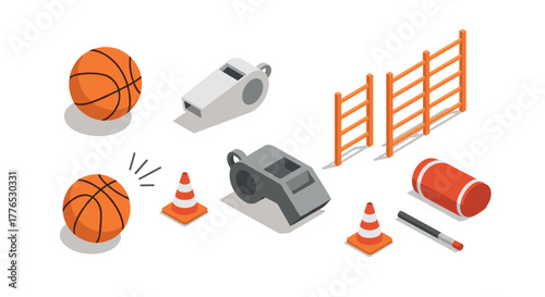 Sports equipment collection basketball, whistle, cones and more in isometric style
