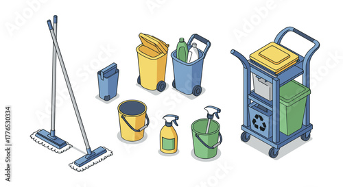 Comprehensive cleaning equipment set with mop, buckets, and recycling cart in isometric style
