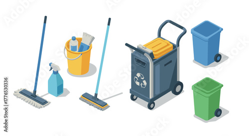 Comprehensive cleaning supplies in isometric view for efficient sanitation