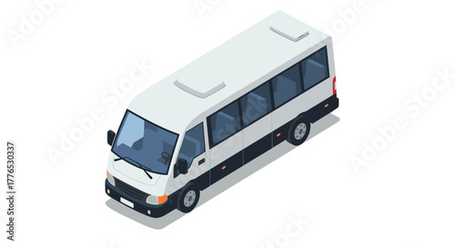Isometric white passenger bus on white background with detailed exterior and interior design