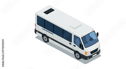 Isometric white minibus on white background with detailed design elements