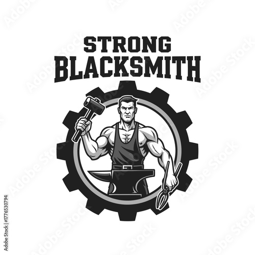 Strong Blacksmith Forge and Gear Logo