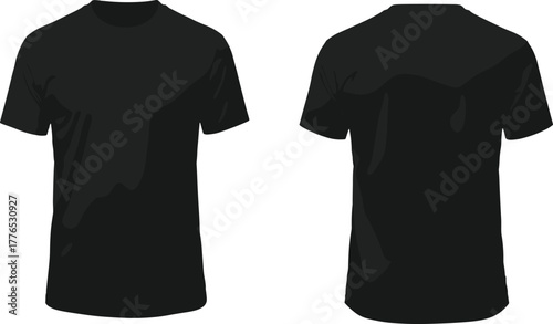 Black T-shirt front and back view, plain crew neck shirt, blank apparel mockup, fashion template, clothing design, retail display