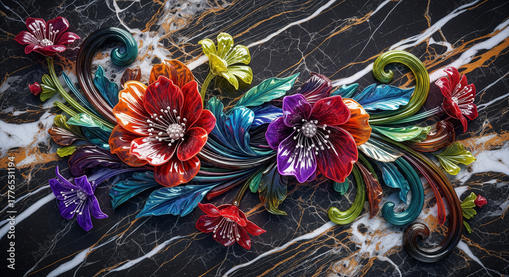 Naklejka premium Bold 3D Floral Relief with Dramatic Marble Background. 3D Wall Mural. floral landscapes. 3d floral art, floral wallpaper, Luxurious textile tile wall art