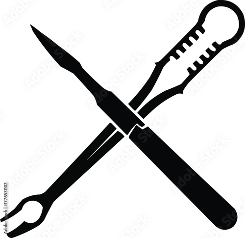 set of silhouettes of surgical tool and scalpel