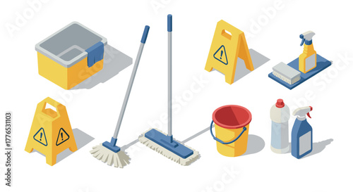 Cleaning equipment collection in isometric style with mops, buckets, and signs for maintenance and safety