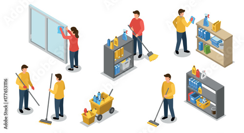 Isometric people cleaning window, shelves, and floor activities with supplies and equipment