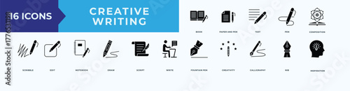 Creative writing glyph icon set