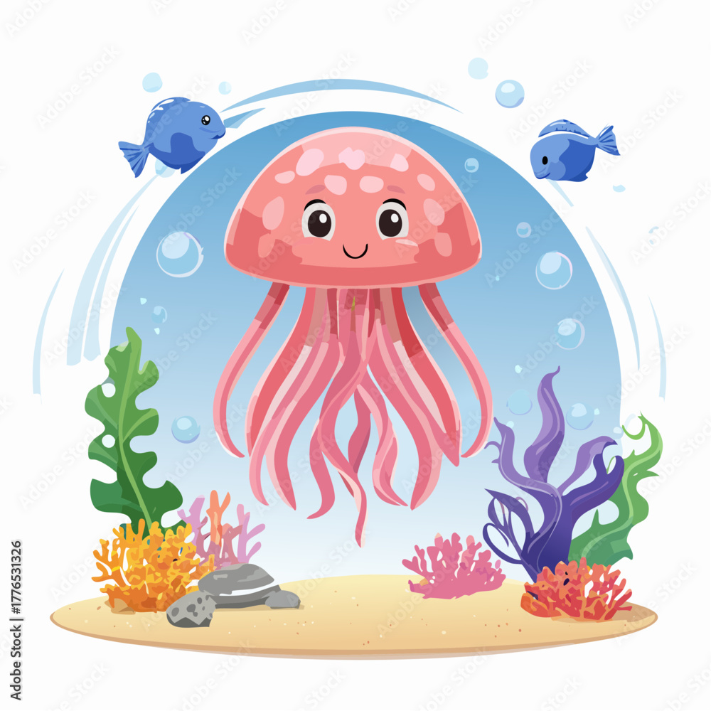 Fototapeta premium Cute Cartoon Jellyfish in Colorful Underwater Scene with Fish, Turtle, and Coral
