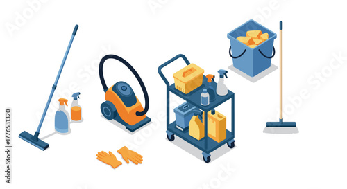 Isometric cleaning tools with mop, vacuum, gloves, and supplies on white background
