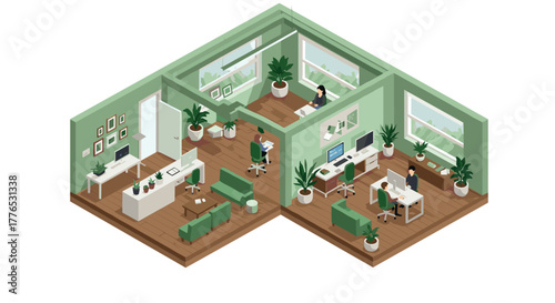 Modern isometric office space with green walls and open workstations