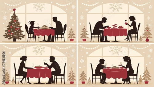 Family dining together during Christmas, elegant silhouette enjoying festive dinner party