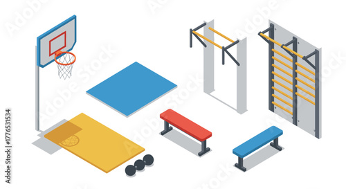 Isometric gym equipment set with basketball hoop and workout tools
