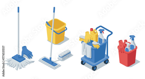 Isometric cleaning tools set with buckets, mops, and supplies for janitorial tasks