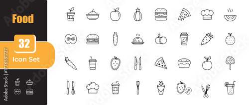 Collection of hand drawn food and drink icons in a clean outline style on a white background
