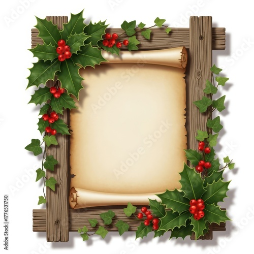 Holiday parchment scroll border on rustic wood frame with holly and ivy