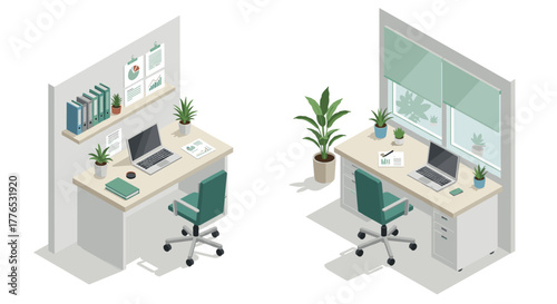 Modern isometric home office workspace with greenery and office supplies