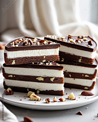 Three square layers of chocolate cake with creamy white filling, topped with smooth dark chocolate and chopped hazelnuts, artfully stacked on a white plate.