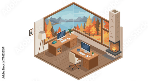 Cozy home office with dual desks and autumn landscape view through large windows