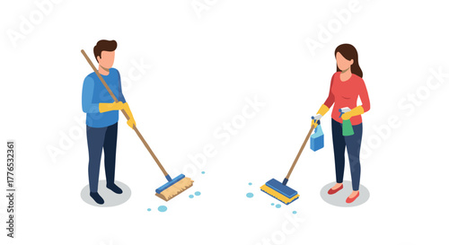 Isometric cleaning concept man and woman mopping floors with cleaning supplies