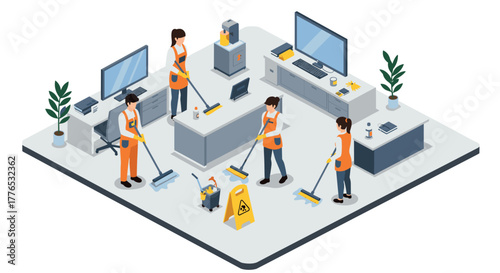 Diverse team of cleaners maintaining a modern office environment in isometric style