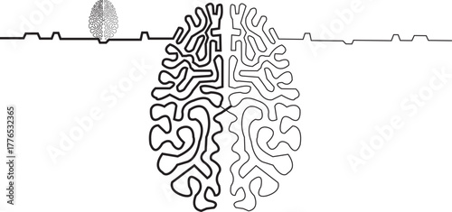 Human brain vs artificial intelligence continuous line drawing concept, Ai and organic brain hemispheres wired together, single line neurointerface icon, humanity and machines interconnection 