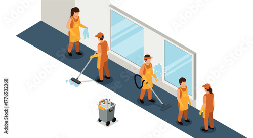 Isometric cleaning crew working together on floor and windows in uniform