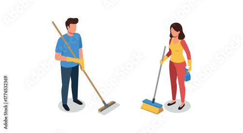 Isometric cleaning team man and woman with mop and spray bottle