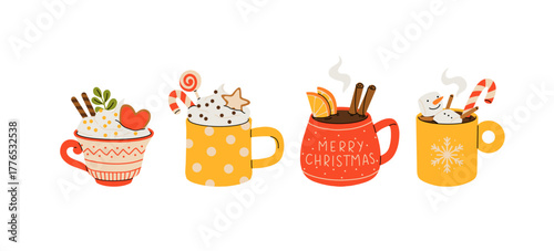 Cute Christmas hot drinks collection, winter coffee, cocoa, and tea in festive mugs with whipped cream, marshmallows, and holiday decorations. Vector flat cartoon illustration.