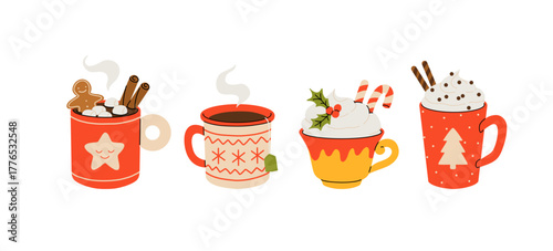 Cute Christmas hot drinks collection, winter coffee, cocoa, and tea in festive mugs with whipped cream, marshmallows, and holiday decorations. Vector flat cartoon illustration.