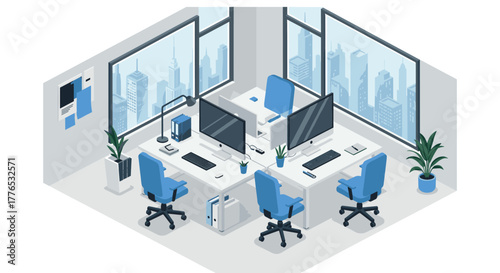 Modern office space isometric design with desks and city view