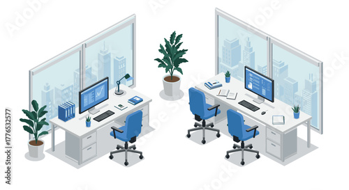 Modern isometric office workspace with desks, chairs, computers, and city view