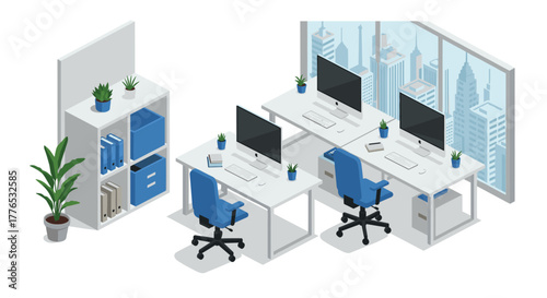 Modern office workspace with isometric design and blue accents