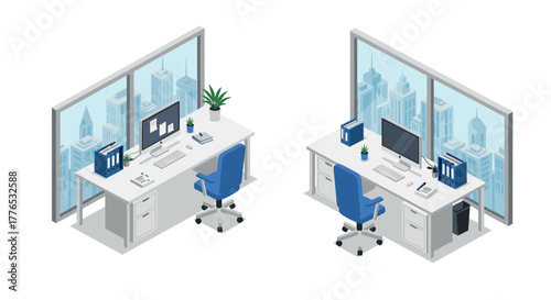 Modern office workspace isometric design with city view and contemporary furniture