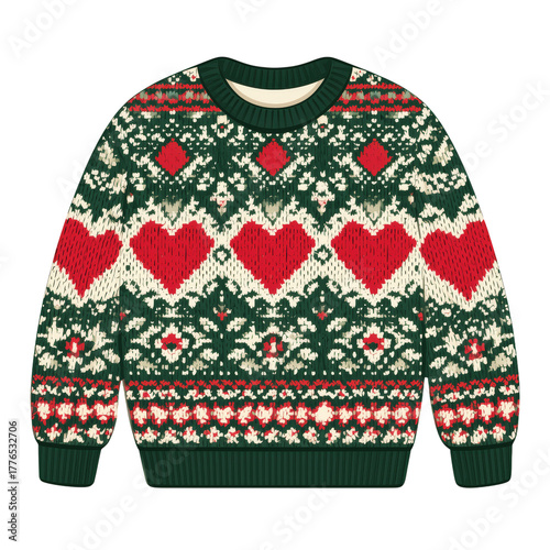 Festive Green and Red Sweater With Heart Patterns for Winter Celebrations