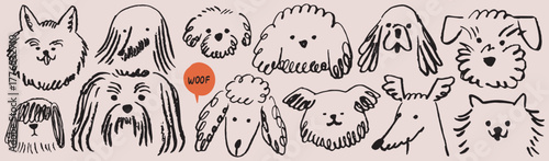 Scribble chalk or charcoal style dogs drawing. Hand drawn puppy sketches, wax crayon outline funny whimsical grunge charcoal art for tshirt print, placard, poster or isolated doodle stickers.