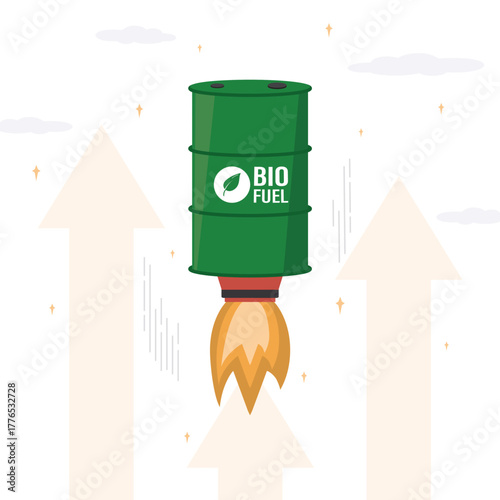 Biofuel barrel like rocket fly up. Eco products and fuels. Ethanol, eco petroleum in tank. Green campaign, alternative energetic. Economic development boosts  biodiesel prices.