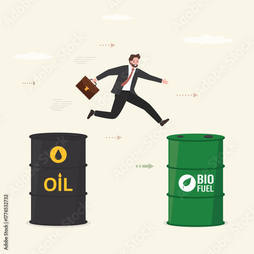 Changing energy policy. Beginning of use of bio fuel instead of oil. Smart businessman jumps from barrel of gasoline to biofuel. Alternative energy, environmental protection.